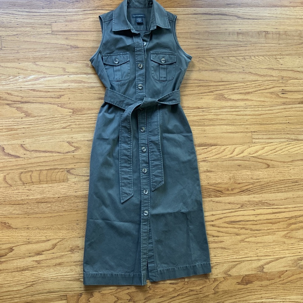 Banana Republic 100% Cotton Distressed Army Green Button-Up Dress